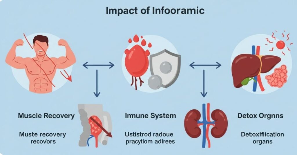 Alcohol and Sleep Quality: The Truth About Nightcaps & Your Rest 3 Illustration showing weakened muscle repair, immunity, and detox due to alcohol-impaired sleep.
