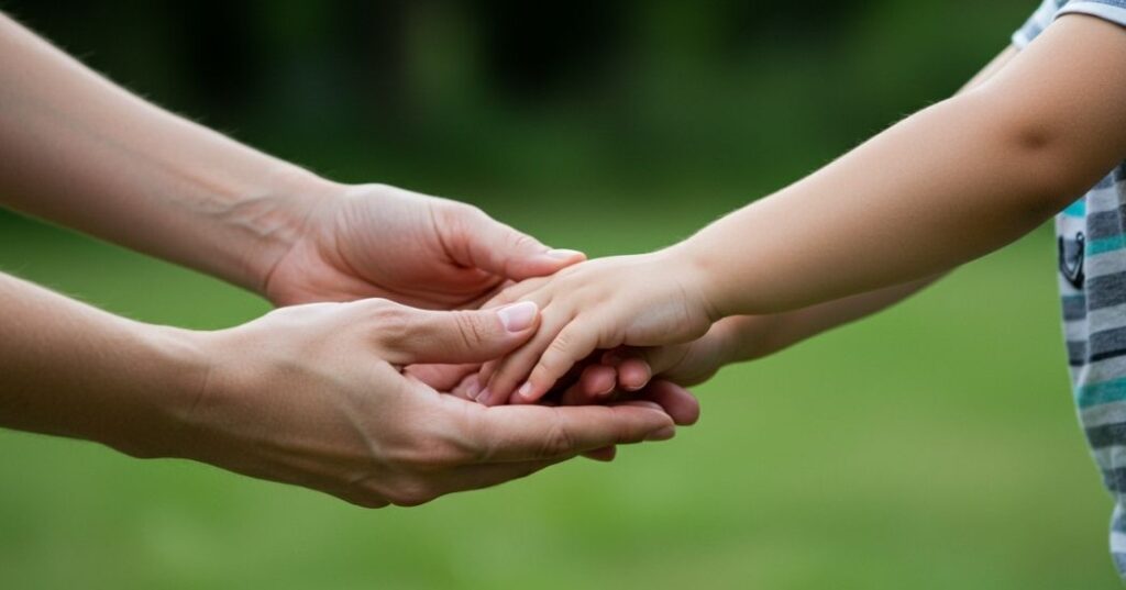 Parental hands gently guiding a child's hands, symbolizing nurturing growth and potential in parenting.