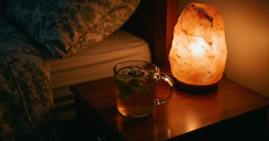 Passionflower tea with lemon balm leaves beside a salt lamp – natural bedtime routine
