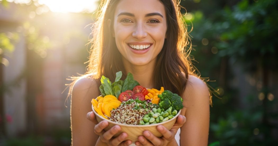 Woman enjoying a vibrant plant-based meal in natural light, symbolizing hormonal balance and radiant health.