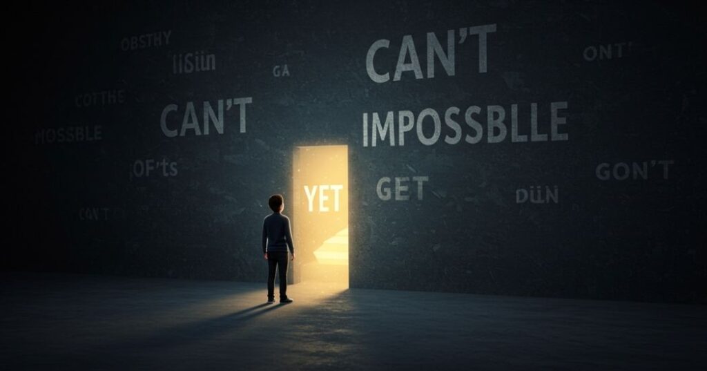 The Power of 'Yet': How a Simple Word Can Cultivate a Growth Mindset 3 A person facing an obstacle wall, with a glowing path labeled "Yet" appearing, symbolizing overcoming challenges with a growth mindset.