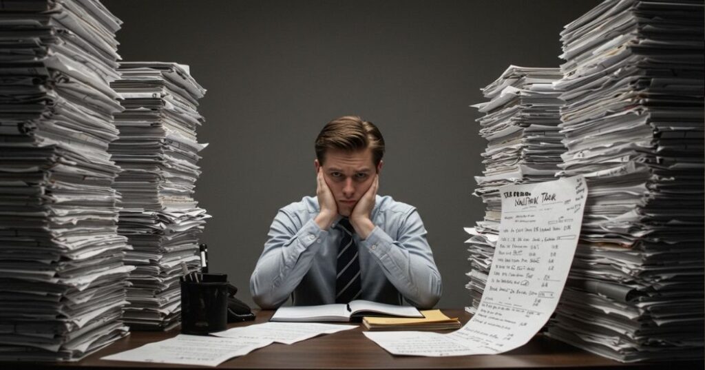 Mindset Hacks to Crush Procrastination and Skyrocket Your Productivity 2 Conceptual image representing a mental block or internal struggle with procrastination, showing a person facing an overwhelming task.