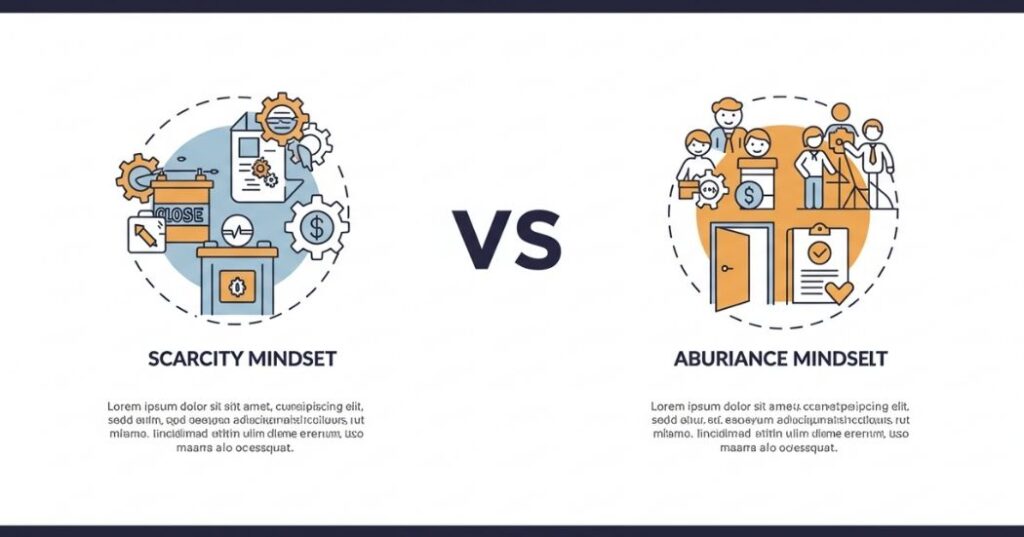 From Scarcity to Abundance: Practical Exercises to Shift Your Mindset 2 Infographic comparing Scarcity Mindset, depicted with symbols of limitation like a closed piggy bank and gears, versus Abundance Mindset, shown with people collaborating and open doors, symbolizing opportunity.