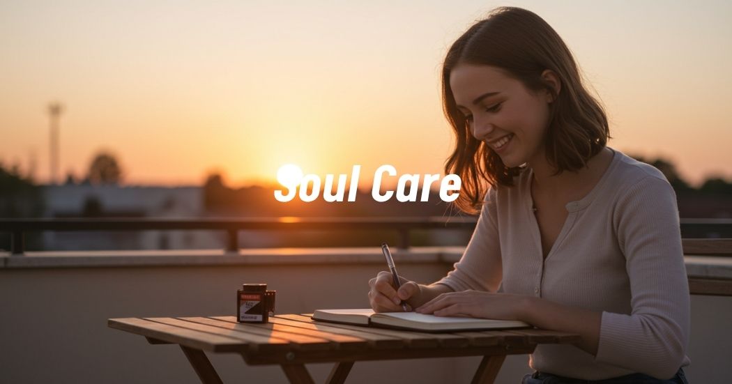 A cozy evening self-care moment with a woman journaling beside a candle and herbal tea, representing soulful nourishment
