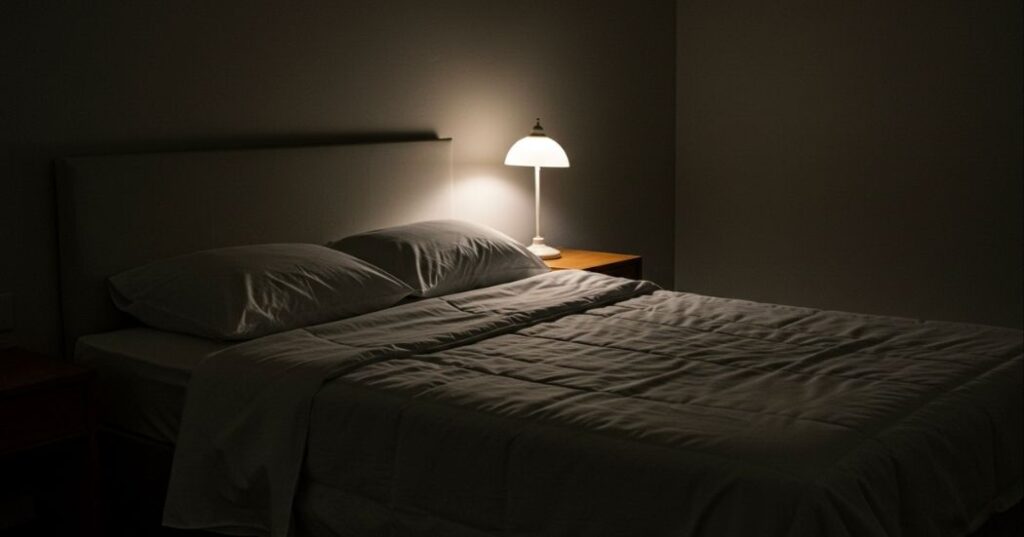 Drift Off Peacefully: Guided Meditation for Deep Sleep Recovery and Relaxation 3 "A minimalist photo of a perfectly made bed in a dimly lit room, with soft linens and a warm glow, inviting deep sleep and recovery."