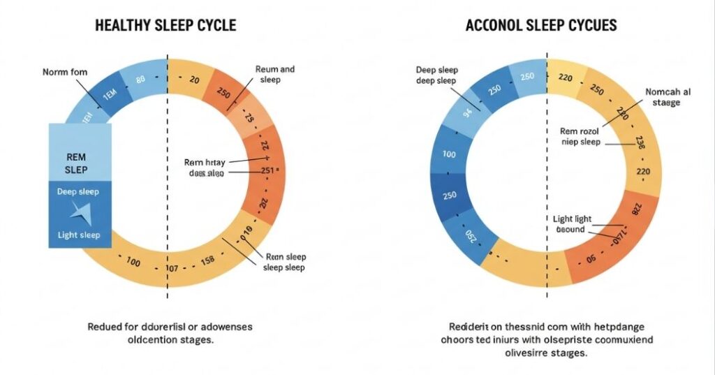Alcohol and Sleep Quality: The Truth About Nightcaps & Your Rest 2 Comparison of normal and alcohol-disrupted sleep cycles with REM and deep sleep impact visualized.