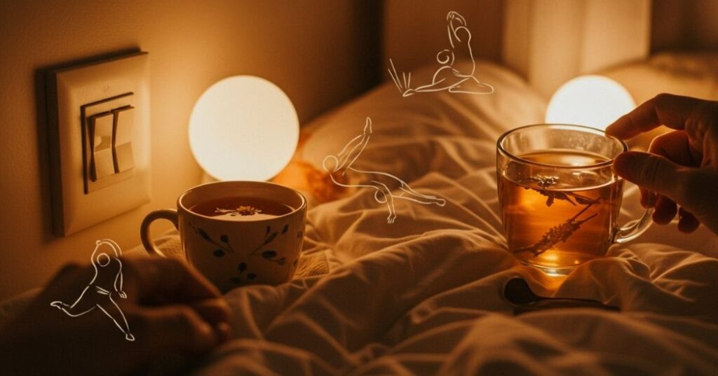 Drift Off Peacefully: Guided Meditation for Deep Sleep Recovery and Relaxation 4 "Composite image showing actions for better sleep: dimming lights, sipping herbal tea, and gentle stretching, supporting meditation's effects."