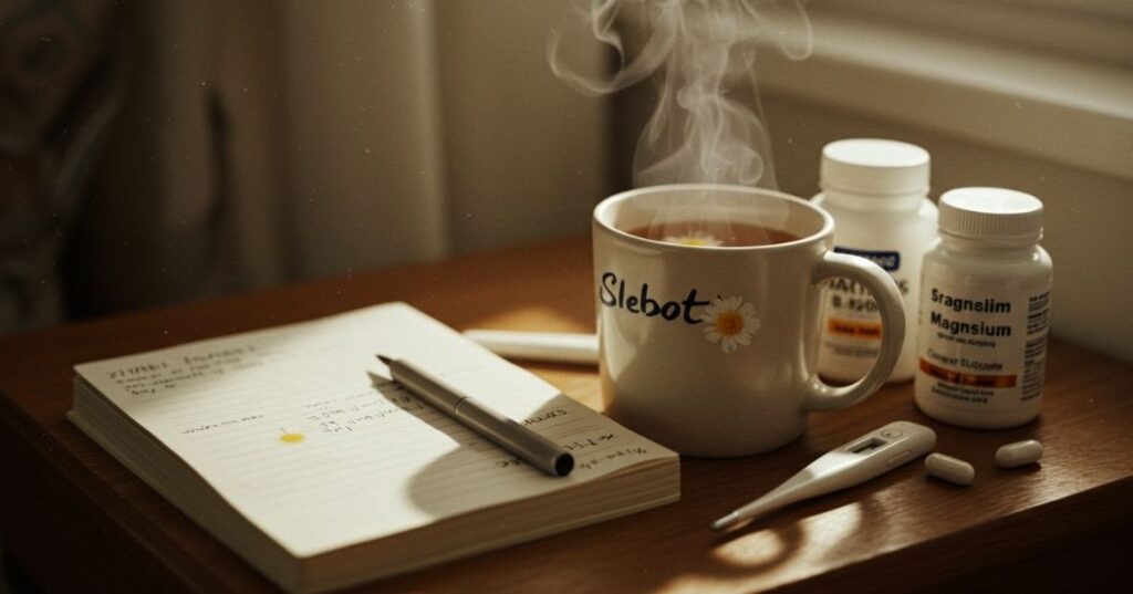 Bedside table with journal, tea, thermometer, and supplements for post-illness sleep recovery
