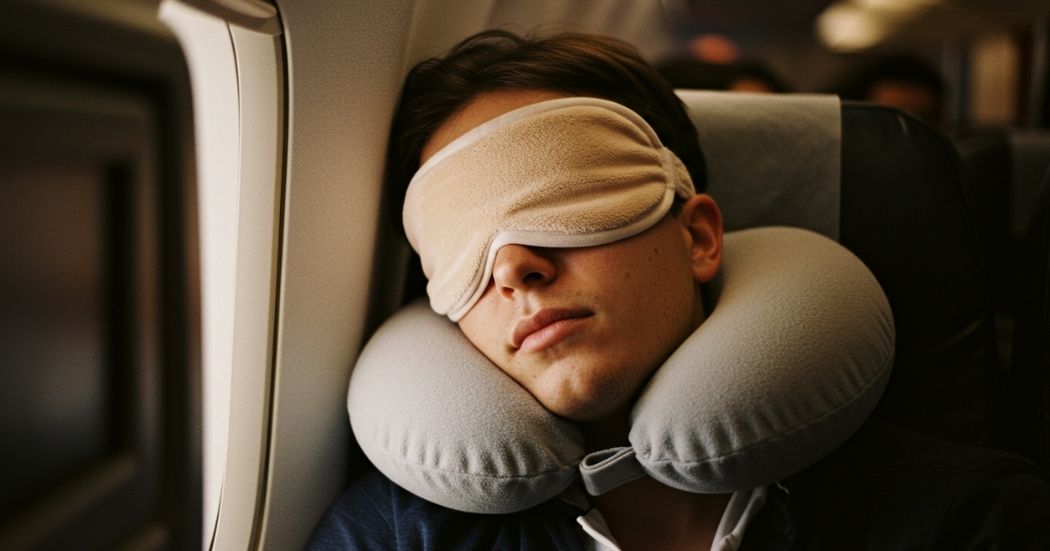 Beat Jet Lag: Effective Sleep Recovery Strategies for Travelers 2 sleep recovery strategies for travelers – traveler sleeping on plane with sleep mask and neck pillow