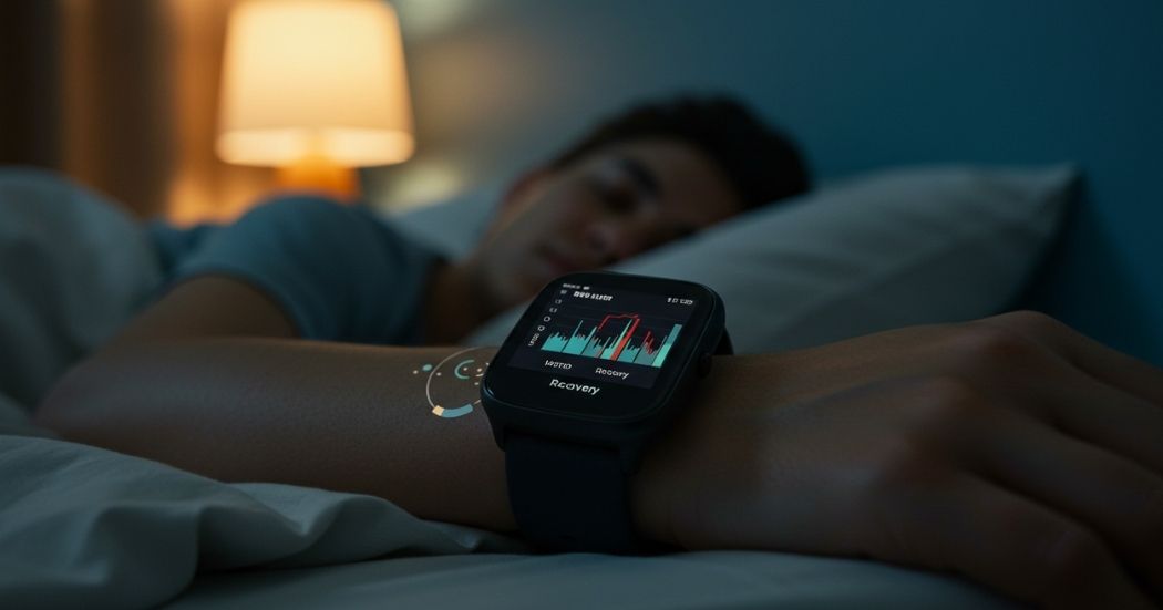 Devices for Monitoring Sleep Recovery: Track Your Way to Better Rest 5 "Hand wearing a discreet sleep tracker ring, with a soft, calming blue and purple background, symbolizing monitoring sleep recovery."