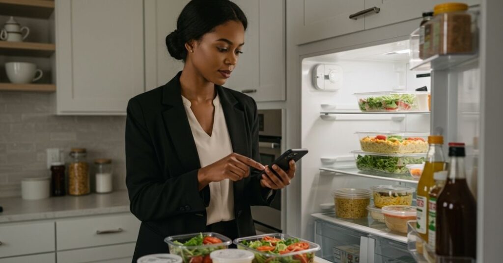 Meal Planning for Busy Professionals: Eat Smart, Save Time, and Stay Energized 3 A working woman uses her phone to manage a grocery list while organizing her prepped meals.