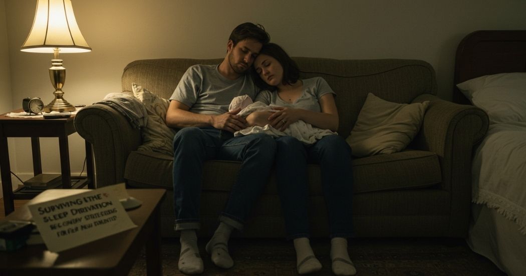 Surviving the Sleep Deprivation: Essential Sleep Recovery Strategies for New Parents 1 A new parent gently holding a sleeping baby close, surrounded by a soft, warm light, symbolizing sleep recovery strategies and comfort.