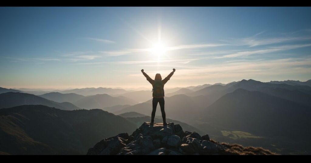 Person celebrating at mountain summit, representing personal growth achievement