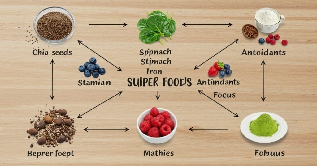 Infographic showing how specific superfoods boost energy through various nutrients.
