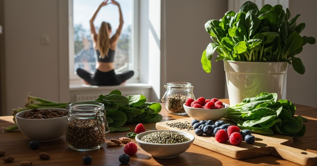 Superfoods to Boost Energy: Fuel Your Day the Natural Way 1 Woman energized by natural superfoods in the morning light with greens, seeds, and berries.