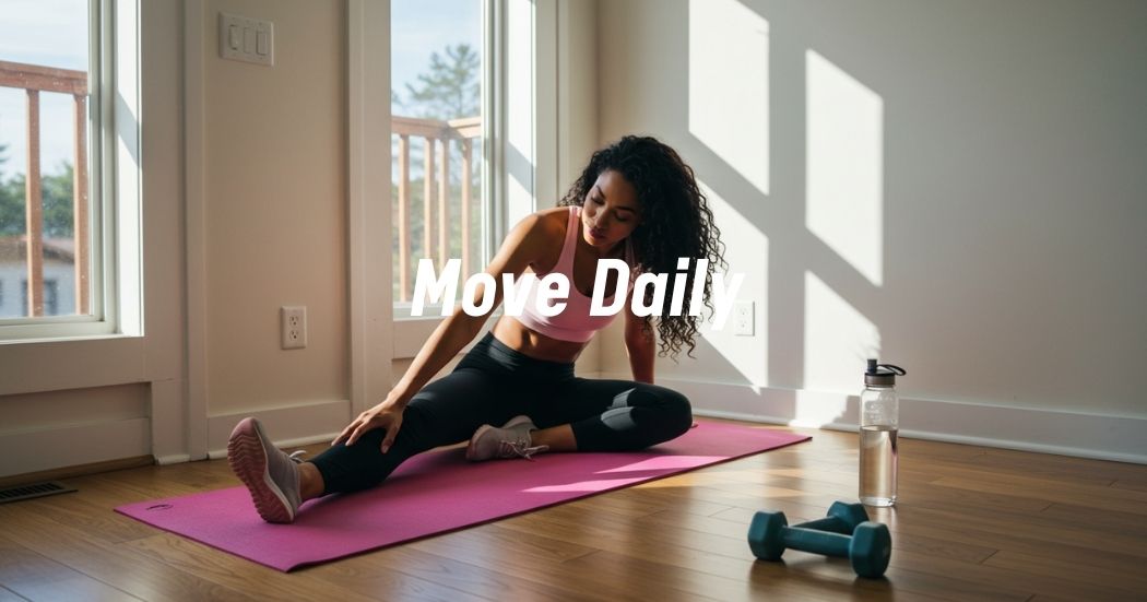 Minimal home workout space with morning sunlight, a yoga mat, dumbbells, and a woman stretching with intention
