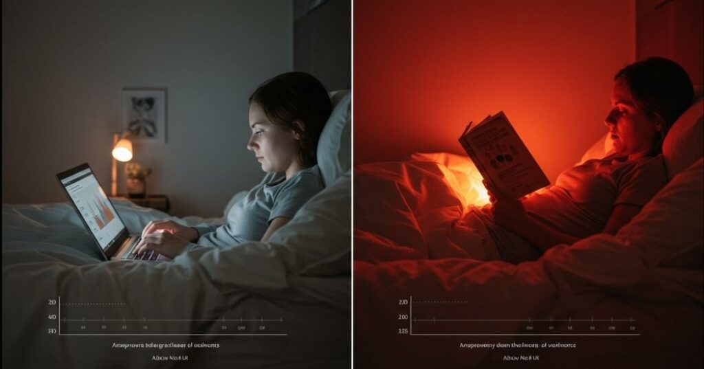 Blue Light Sleep Recovery: What It Is and How to Protect Your Rest 4 "Split image showing a person using a phone in bed on one side and reading a book under a red light on the other, demonstrating a successful blue light reset for improved sleep."