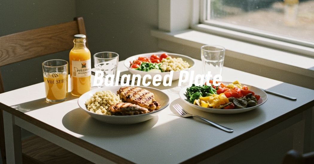 Minimalist dining table with a balanced omnivore meal of grilled chicken, quinoa, and roasted vegetables