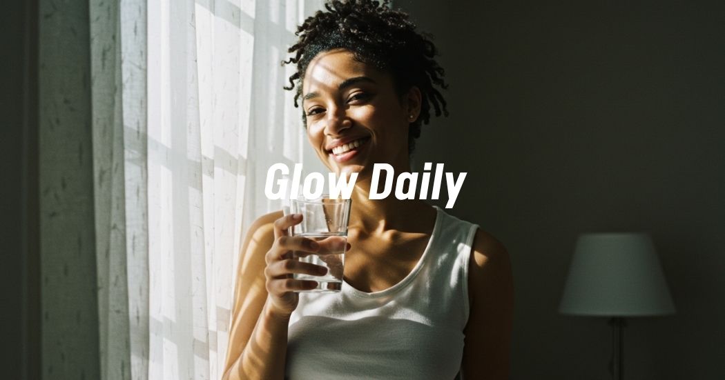 Woman with glowing skin holding a glass of water by a sunlit window