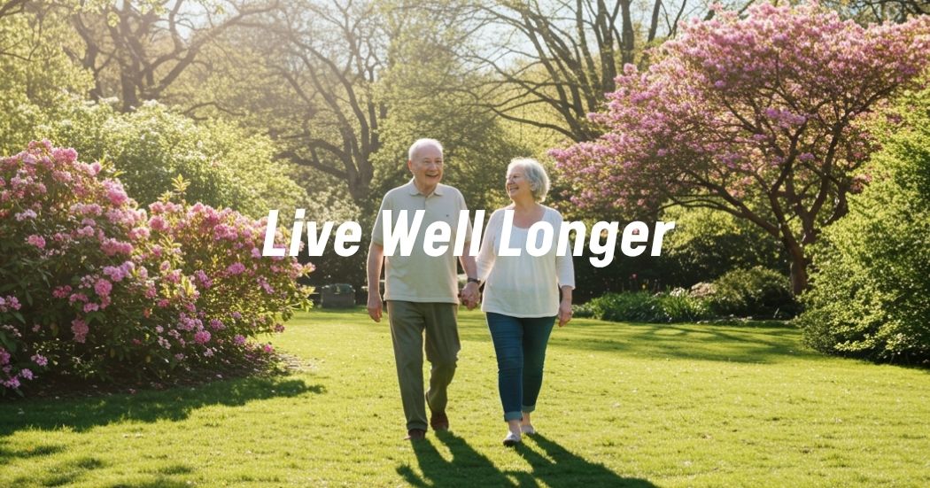 Elderly couple walking hand-in-hand through a sunlit park