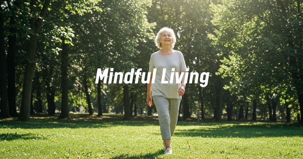Elderly woman enjoying a peaceful walk in a sunlit park
