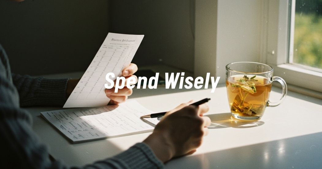 Person reviewing a budget planner in a bright, minimalist workspace
