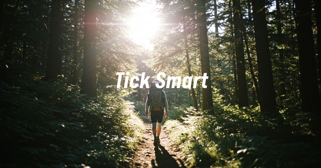 Hiker in protective clothing walking through a sunlit forest trail