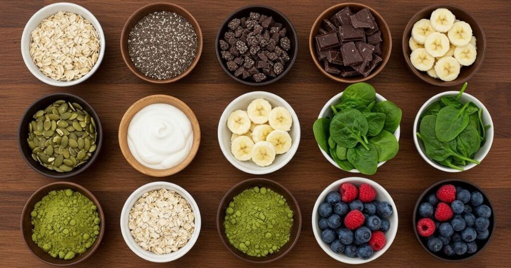 Nine energy-boosting superfoods displayed in a clean flat-lay format.