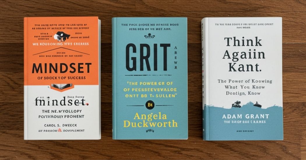 "A collection of top growth mindset books for personal development in 2025, featuring 'Mindset' by Carol Dweck, 'Grit' by Angela Duckworth, and 'Think Again' by Adam Grant."