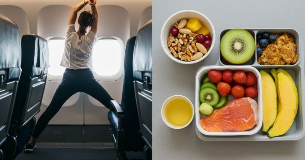 Beat Jet Lag: Effective Sleep Recovery Strategies for Travelers 3 "Composite image of a person stretching during a flight and a healthy, balanced travel meal, promoting gentle movement and good nutrition for jet lag."