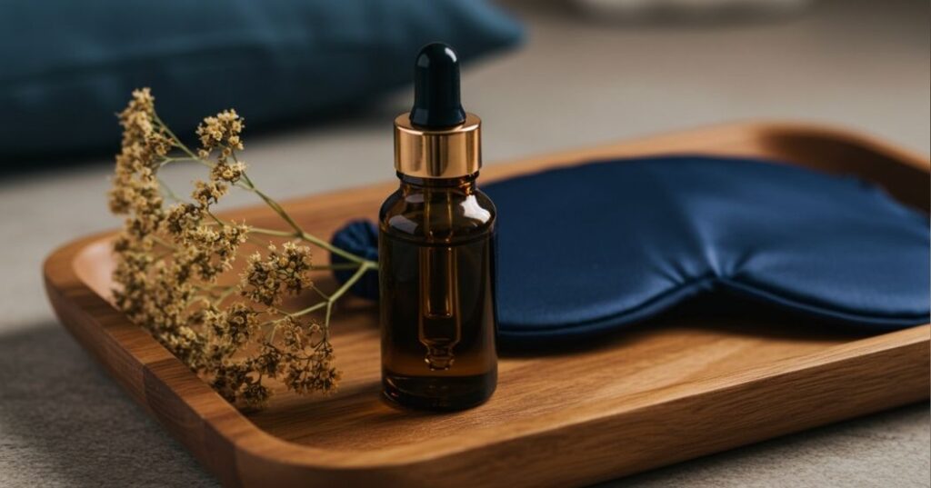 Valerian root tincture and flowers on a sleep aid setup with eye mask