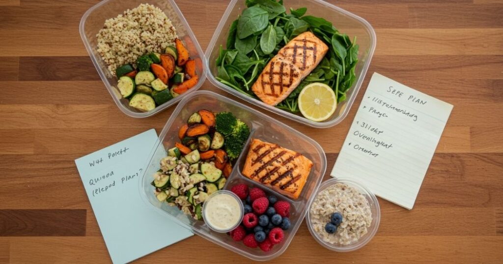 Meal Planning for Busy Professionals: Eat Smart, Save Time, and Stay Energized 2 Prepped containers with healthy meals beside a handwritten weekly plan for busy professionals.