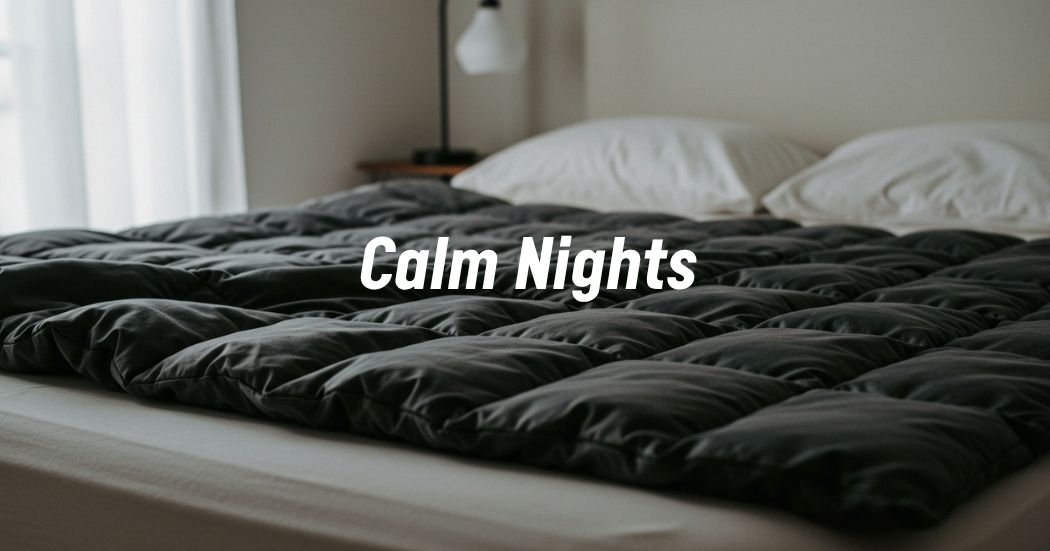 Middle-aged woman peacefully sleeping under a 15lb weighted blanket in a calm, softly lit bedroom environment