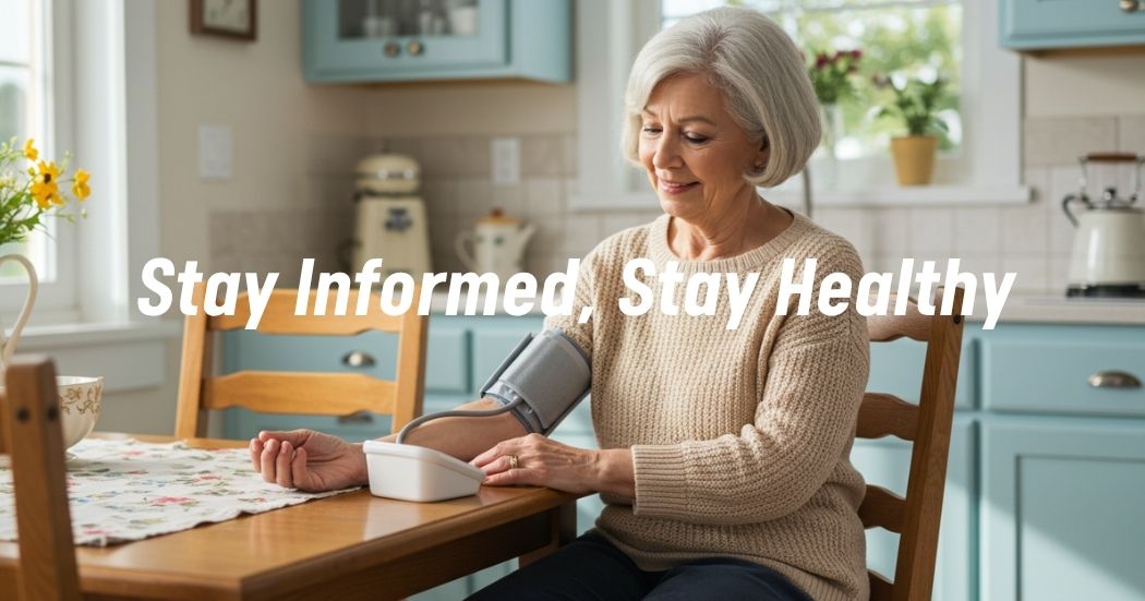 senior woman sitting at kitchen table using digital blood pressure monitor, natural light, calm home environment