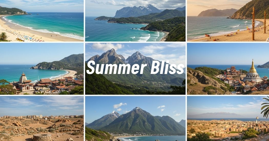 Collage of top July travel destinations featuring beaches, mountains, and cultural sites.