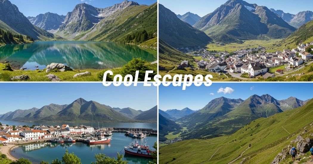 Collage of top July travel destinations featuring mountains, lakes, and coastal towns.