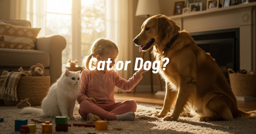 Child sitting on couch with both a cat and a dog, happy family pet choice.