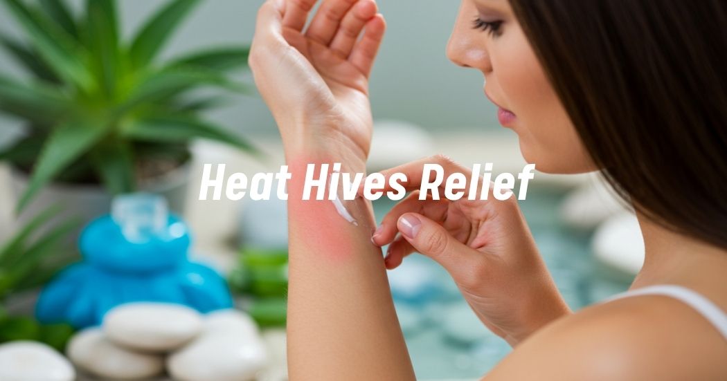 Individual treating chronic heat hives with soothing lotion and cooling remedies.
