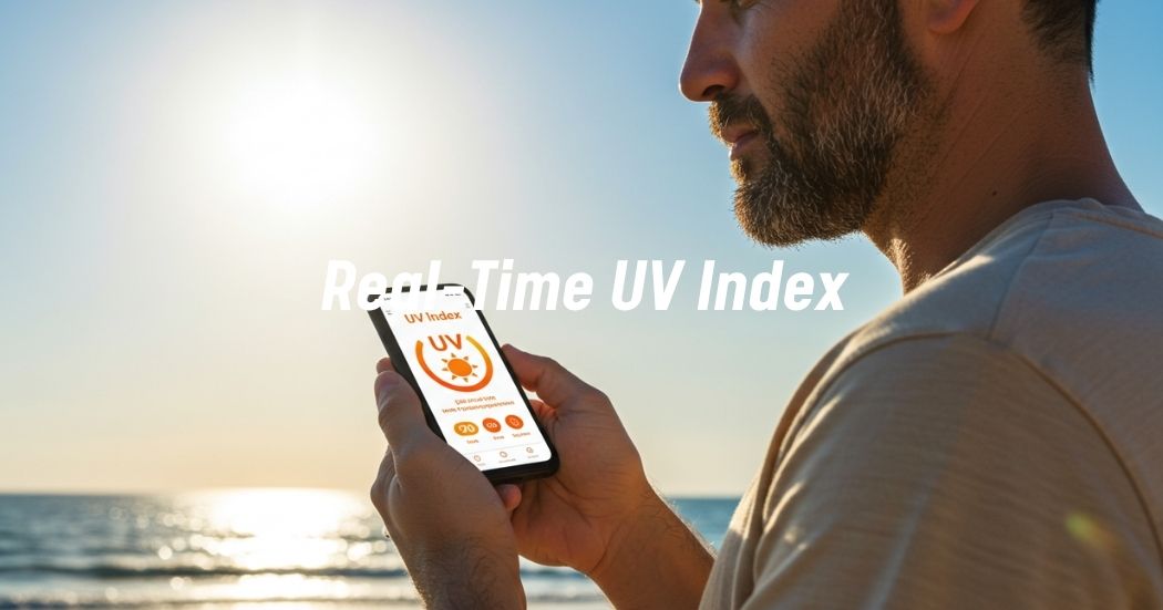 Person checking UV index app on smartphone under the sun.