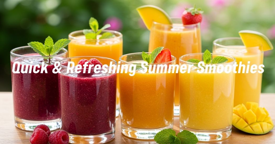 A selection of easy-to-make summer smoothies garnished with fresh fruits and mint leaves.