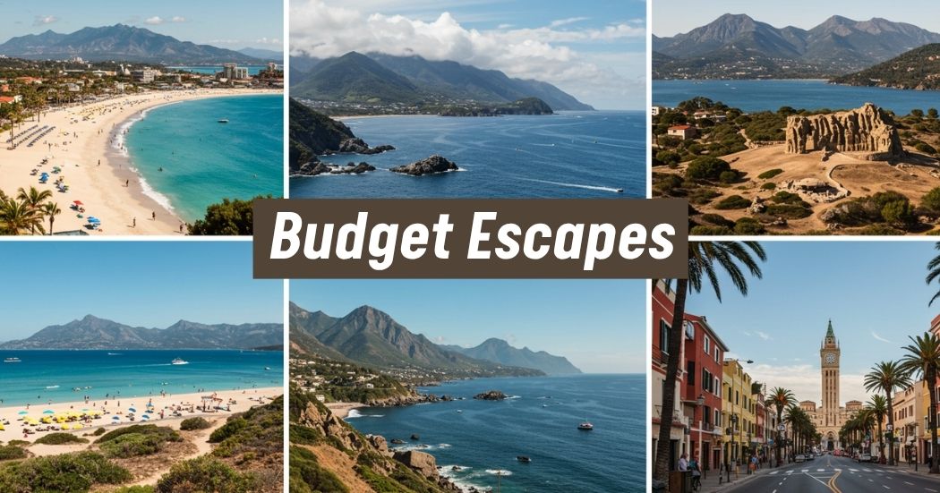 Good Places to Travel in July on a Budget: 8 Affordable Gems You’ll Love 1 Collage of affordable July travel destinations featuring beaches, mountains, and cityscapes.