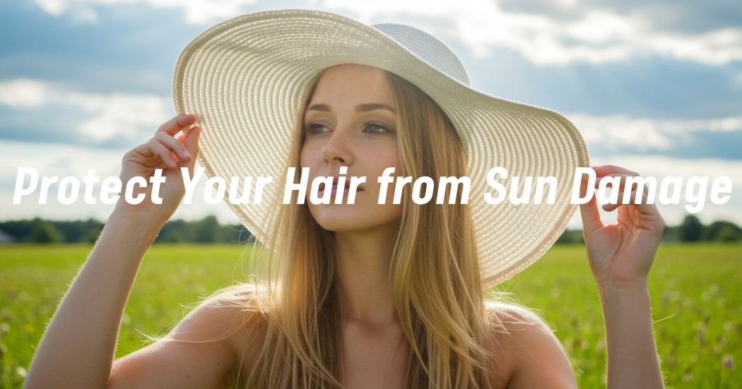Woman protecting her hair from sun exposure with a hat.