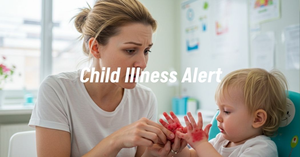 Mother examining child's hands with rash symptoms of hand, foot, and mouth disease.