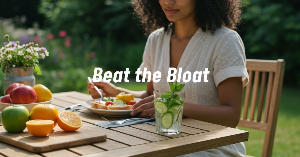 Woman enjoying a light summer meal with fresh fruits and infused water to alleviate bloating.
