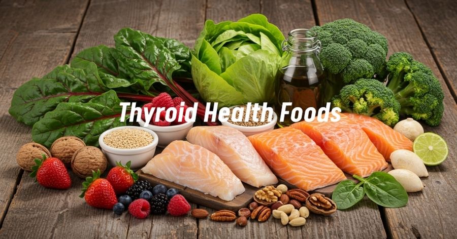 Hashimoto’s Disease Diet: 7 Essential Foods to Support Thyroid Health 1 Assortment of foods beneficial for thyroid health, including greens, berries, nuts, and fish.