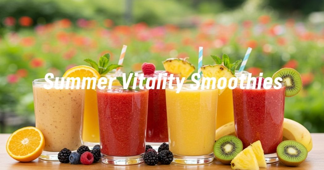 An assortment of healthy summer smoothies garnished with fresh fruits and mint leaves.