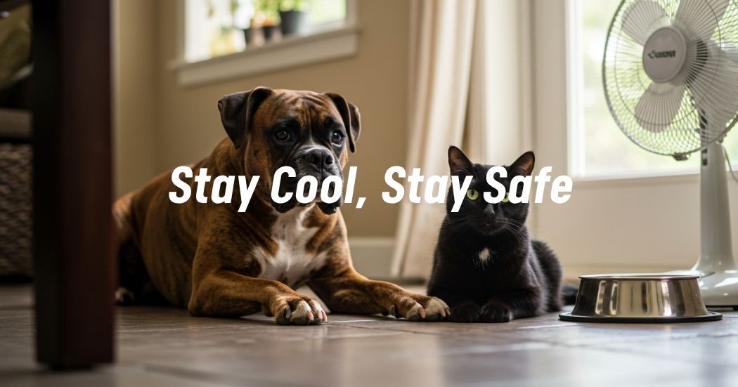 Dog and cat staying cool indoors with fan and water during heat advisory.