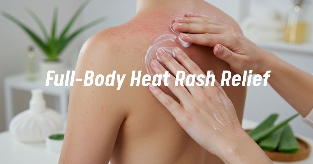 Individual treating widespread heat rash with soothing lotion and cooling remedies.