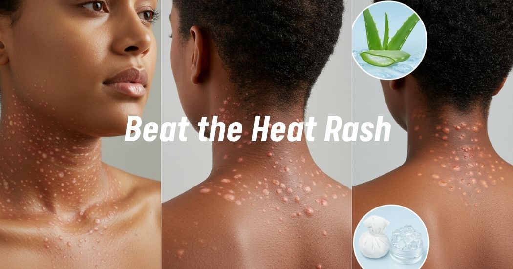 Various types of heat rash on different skin areas with soothing remedies.