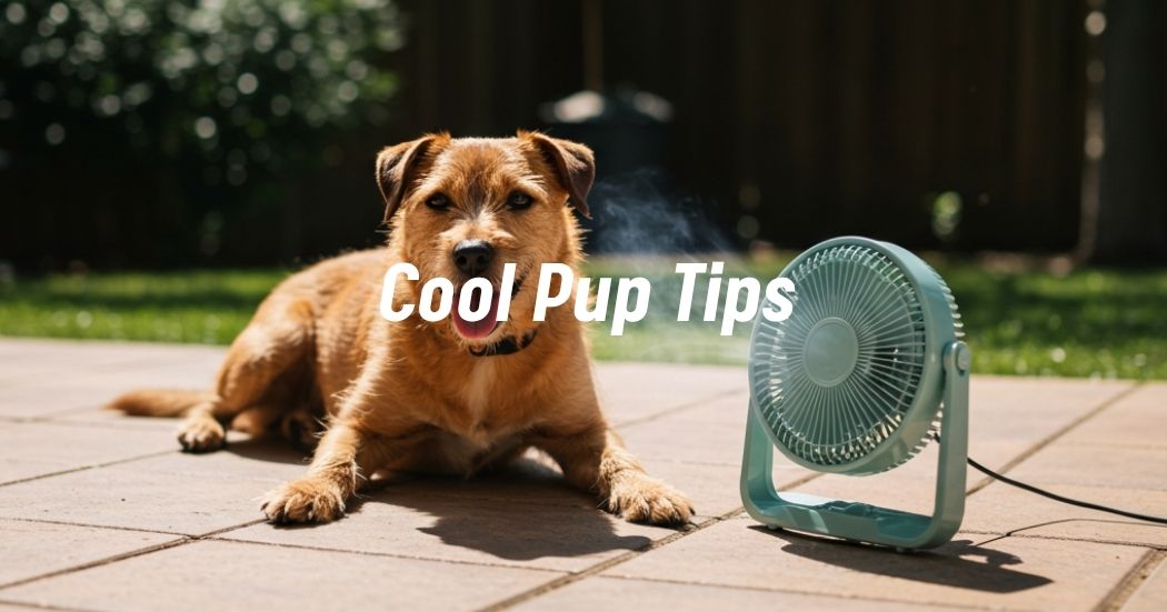 Dog resting comfortably in the shade with a fan, staying cool during summer.